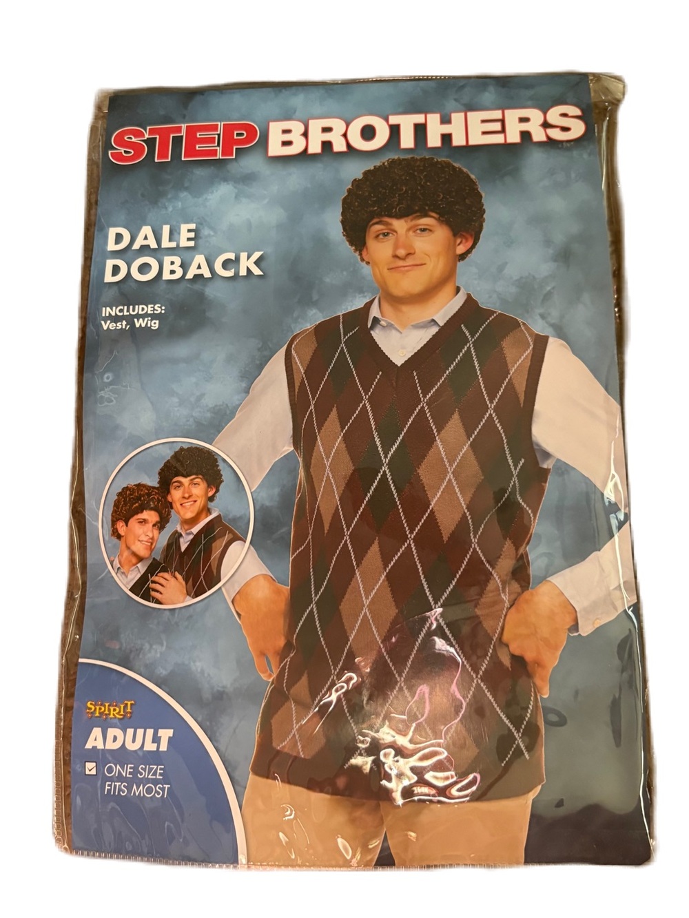 Spirit Halloween Step Brothers Brown Tan Argyle Vest Costume W/ Wig One Size